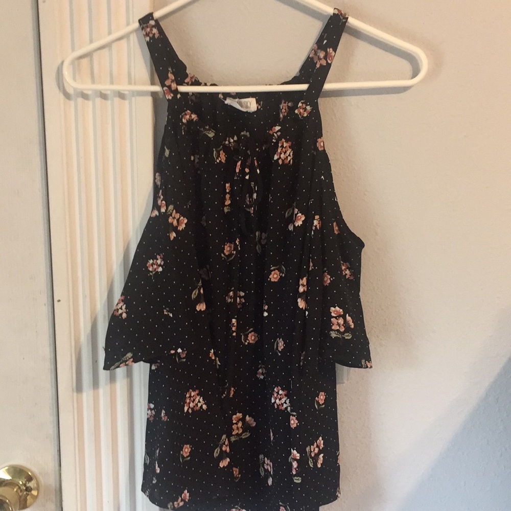 SIENNA SKY black floral off the shoulder tank top